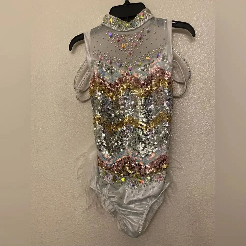 Glamour solo dance costume jazz sassy silver sequin rhinestoned feather SA adult